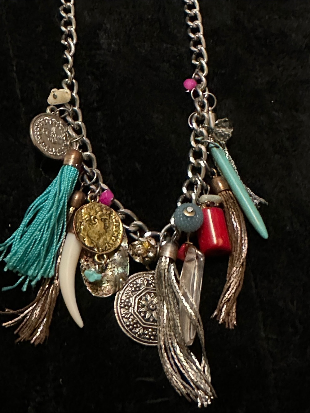 Boho Tassel Charm Necklace with Turquoise, Red & Gold Accents Silver Tone Chain